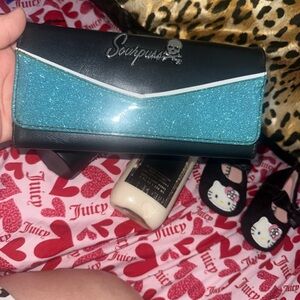 Sourpuss Black and Teal Glitter Clutch